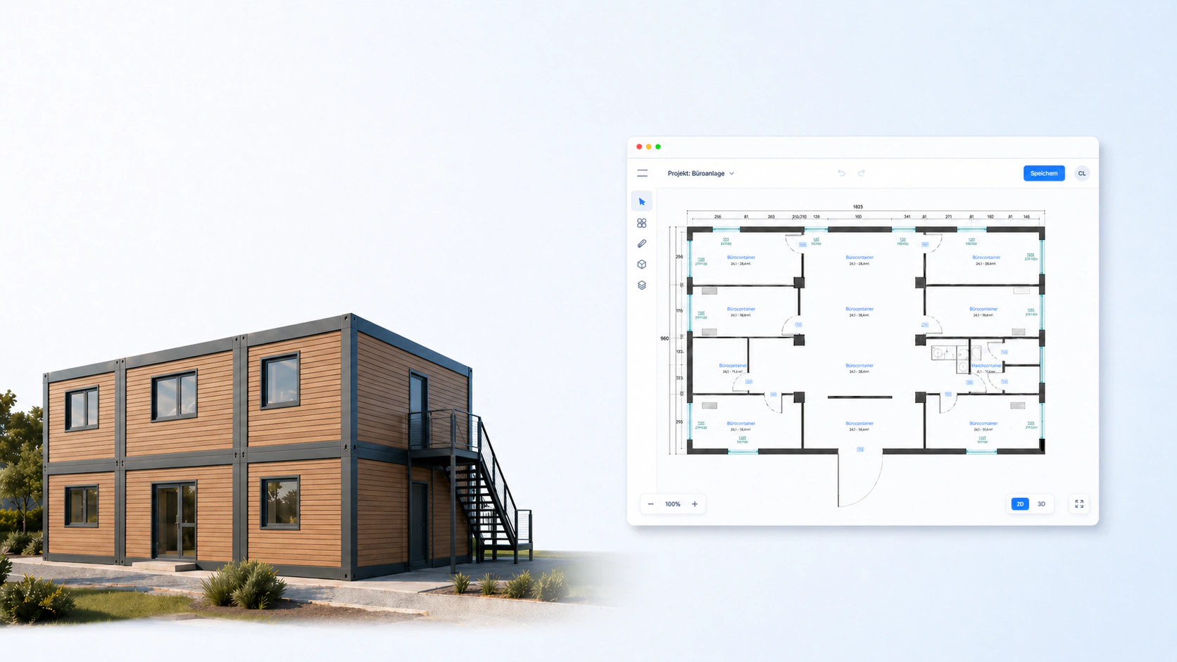 Zweistöckige Bürocontaineranlage in Holz-Fassade neben dem 2D-Grundriss-Editor des Conliving Container-Konfigurators