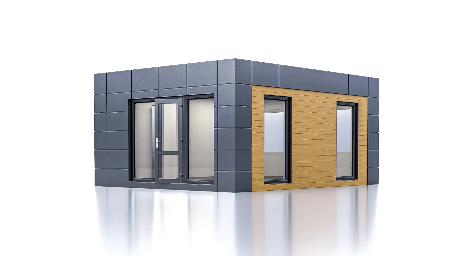 Container-Rendering mit heller Holzfassade und dunkelblauen Kassettenelementen