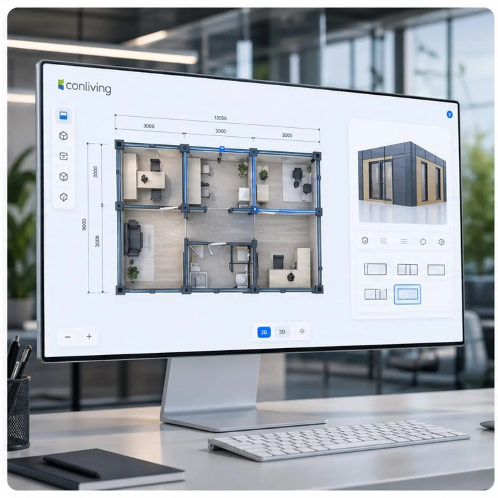 Container-Grundriss im Konfigurator mit Modulen, Maßlinien und 3D-Vorschau