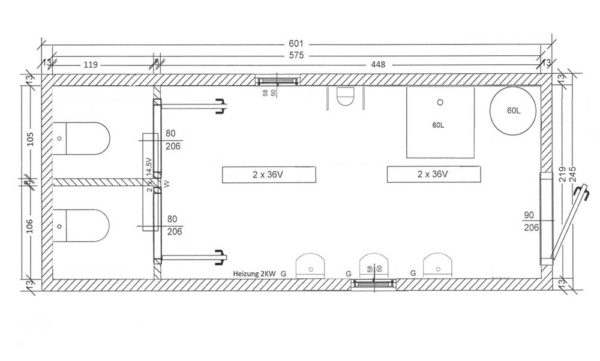 Grundriss-Skizze Sanitärcontainer SC1 (6010 x 2450 x 2500 mm) mit 2 Toiletten, einem Doppel-Waschbecken, einer Dusche.