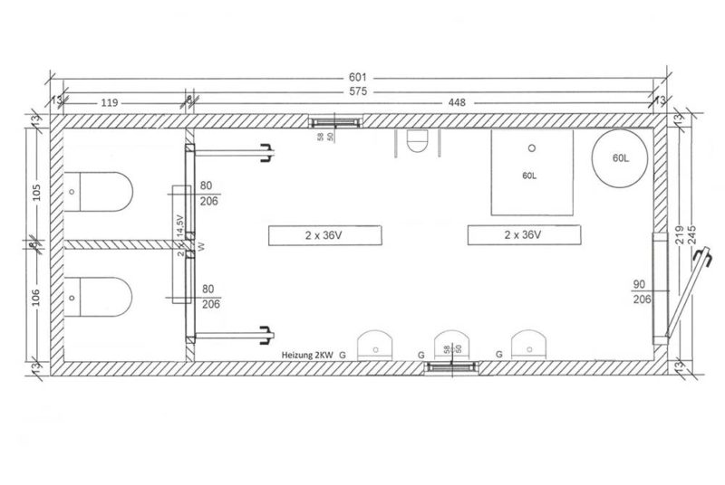 Grundriss-Skizze Sanitärcontainer SC1 (6010 x 2450 x 2500 mm) mit 2 Toiletten, einem Doppel-Waschbecken, einer Dusche.