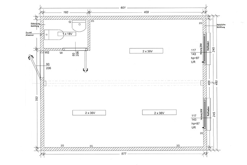 Der Grundriss des Doppel-Bürocontainers DB2.2 (29.4M²) von Conliving.