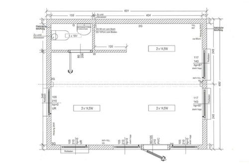 Grundriss-Skizze Verkaufscontainer VP5 (29,4M²) mit Verkaufsraum und WC.
