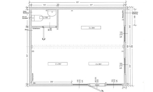 Grundriss des Verkaufscontainers VP6 mit 29,4 m² und Bad