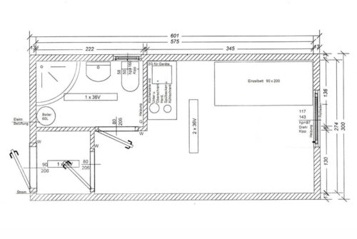Skizze des Wohncontainers W4 mit Einzelbett