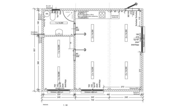 Grundriss-Skizze Wohncontainer W6 (44,1M²) mit Küchenzeile, Bad und Schlafbereichen.