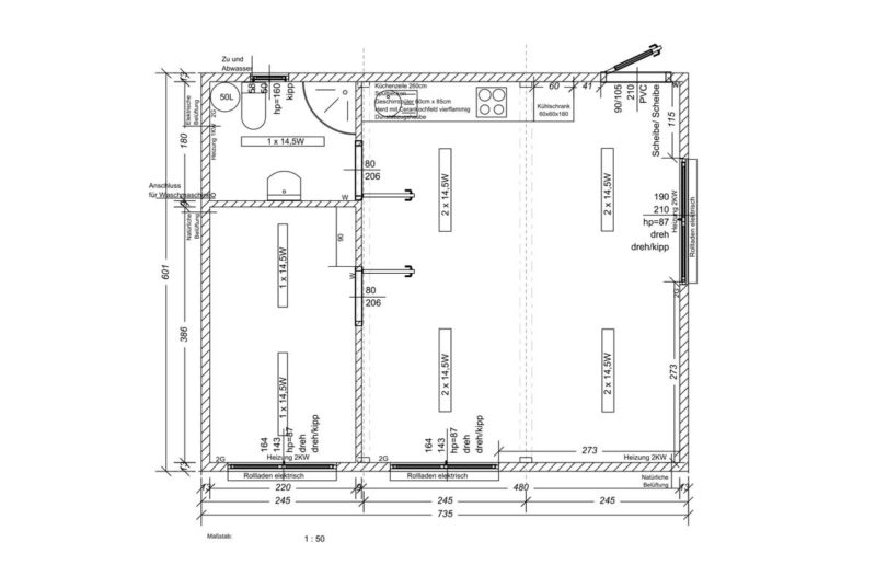 Grundriss-Skizze Wohncontainer W6 (44,1M²) mit Küchenzeile, Bad und Schlafbereichen.