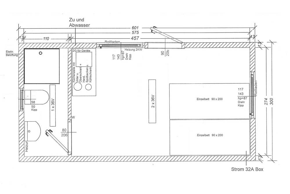 Skizze des Wohncontainers W4 mit Platz für zwei Einzelbetten