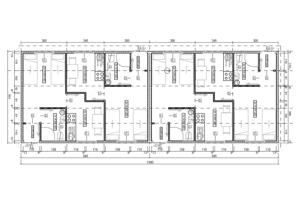 Skizze des Wohncontainers W7-2 mit insgesamt 101,5 m²