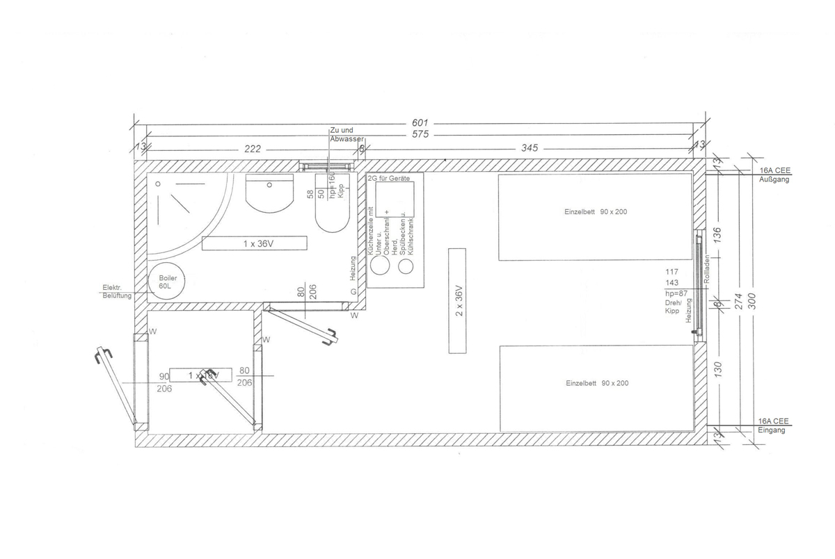 Skizze und mögliche Inneneinrichtung eines Wohncontainers W4 von Conliving