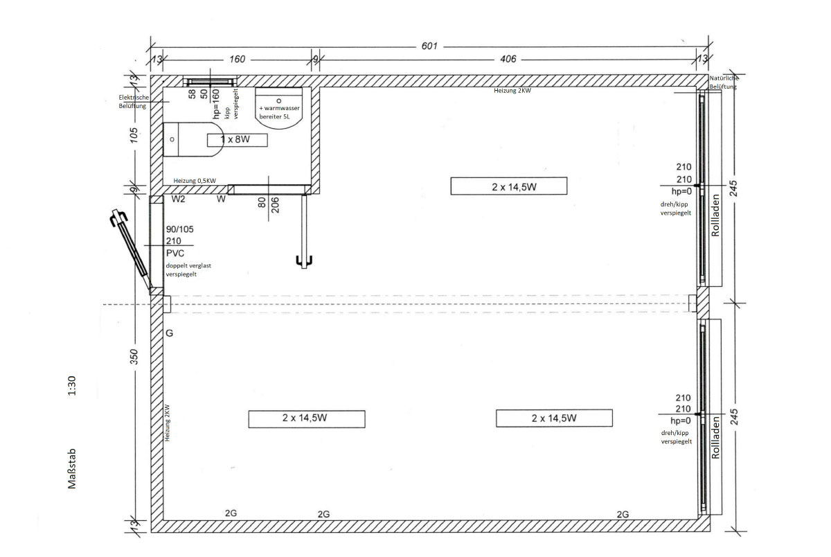 Skizze des Doppel-Bürocontainers DB2 mit bodentiefen Doppelfenstern