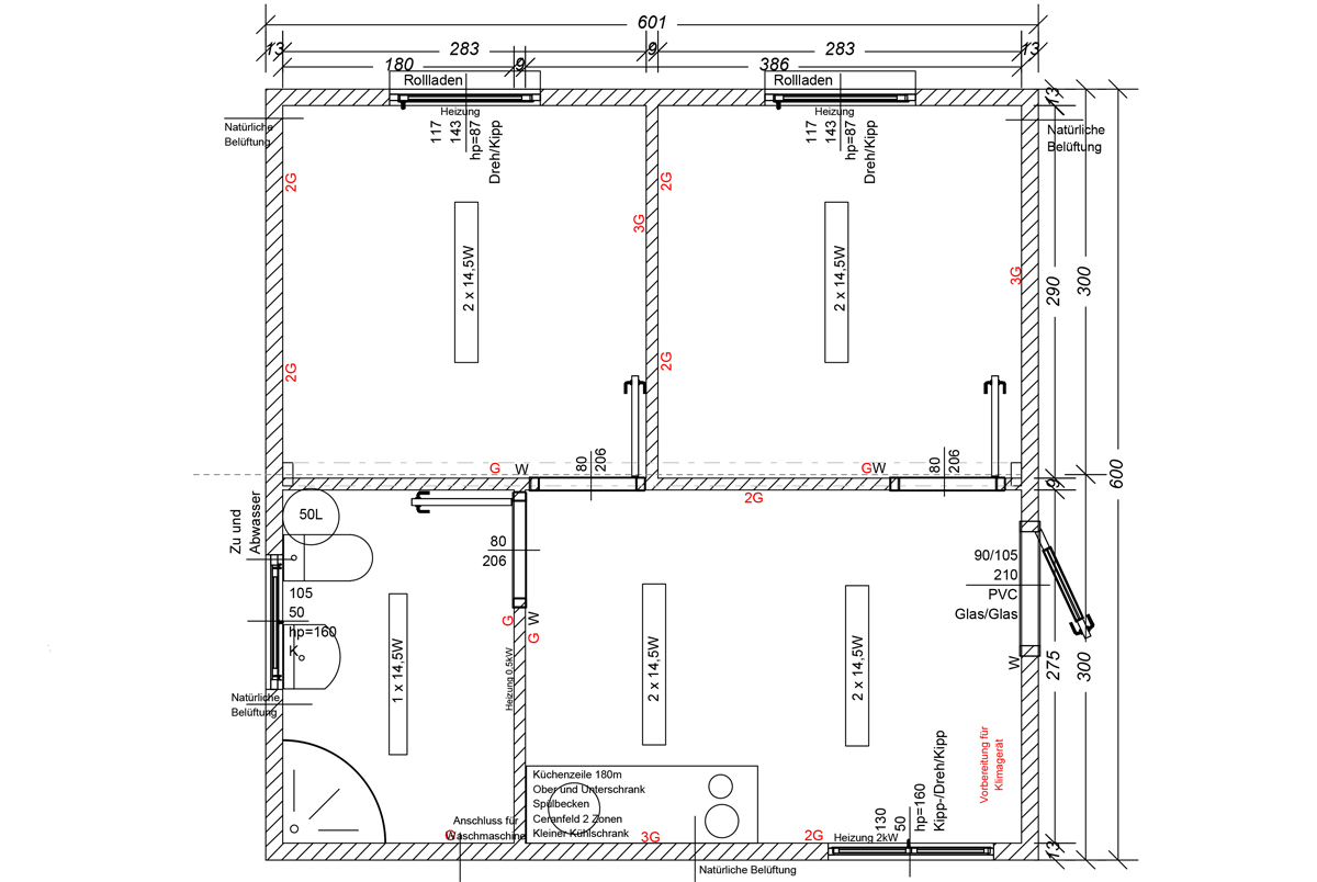 Grundriss-Skizze des Wohncontainers W5 (36M²) von Conliving.