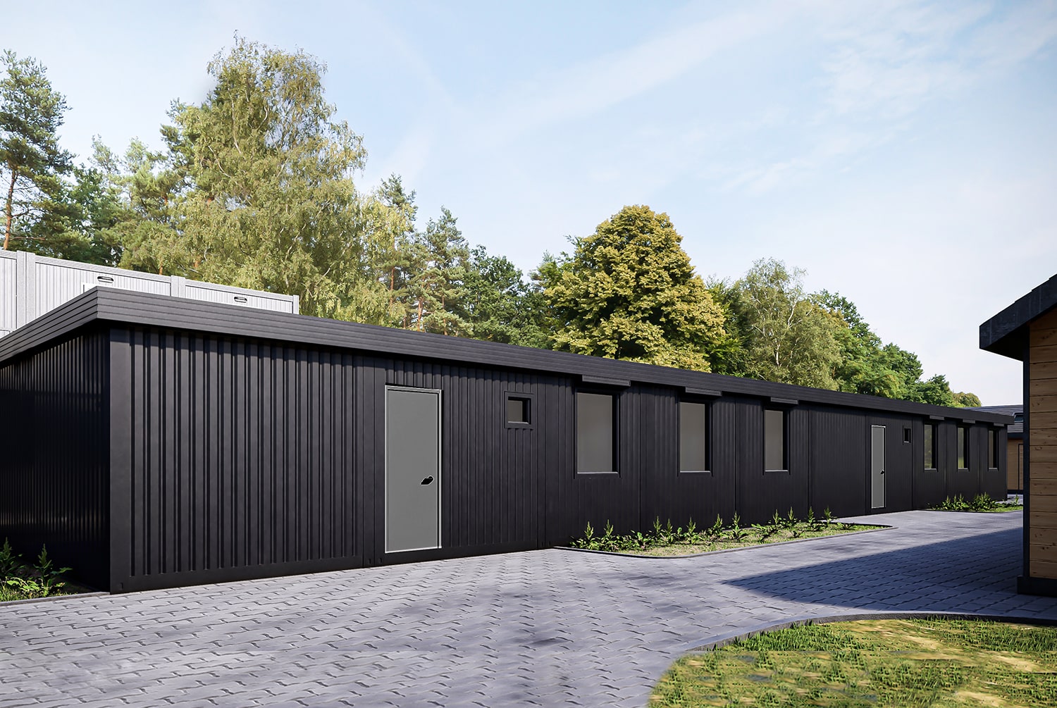Unser moderner Wohncontainer W8 mit schwarzer Farbgebung