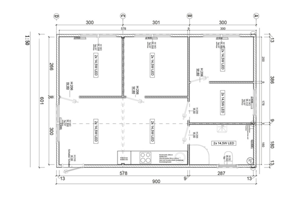 Grundriss-Skizze des Wohncontainers W6 (54M²) in der Flüchtlingsunterkunft in Möhnesee.