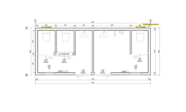 Grundriss-Skizze Sanitärcontainer SC8 mit Aufteilung in 2 Räumen für Damen- und Herrentoilette.