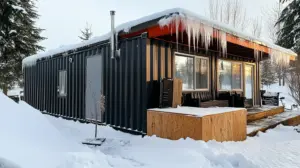 Wohncontainer im Winter mit Eiszapfen und Schnee.